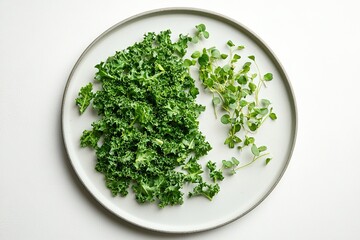 Poster - minimalist flat lay of chopped kale and microgreens arranged on matte white plate under soft directional light