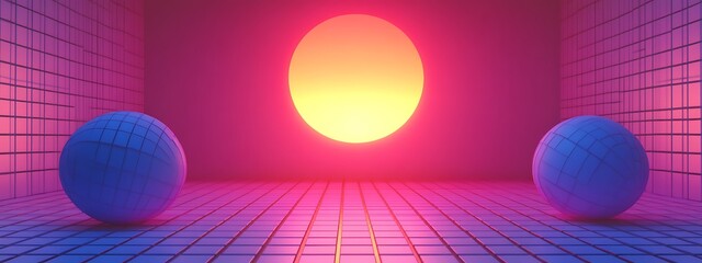 Aufkleber - Synthwave scene with sphere and sun.