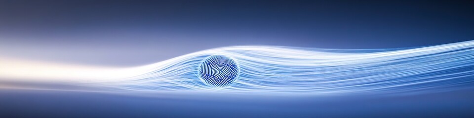 Poster - dynamic wave of blue and white light trails forming fingerprint shape on smooth gradient surface