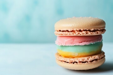 Poster - dynamic close-up of macaron ice cream sandwich with vibrant layers under soft studio light