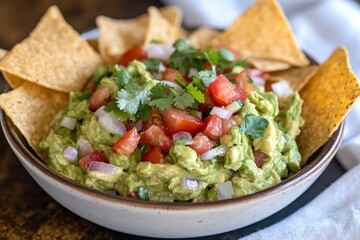 Poster - bowl of homemade guacamole with fresh avocado tomatoes onions and cilantro served with crispy tortil