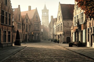 Poster - quiet village square in bruges belgium with medieval buildings and cobblestone streets