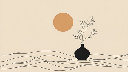 Aufkleber - Minimal art, sun, vase, plant, lines.