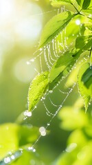 Sticker - Dew Drops on Spiderweb Amongst Green Leaves