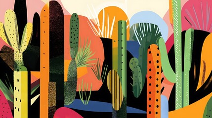 Poster - Colorful abstract cactus garden at sunset.