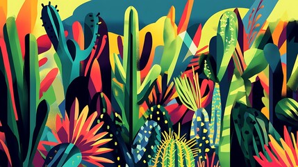 Poster - Vibrant illustration of a colorful cactus garden.