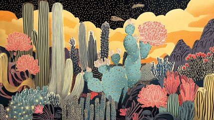 Poster - Cactus blooms in vibrant desert sunset.