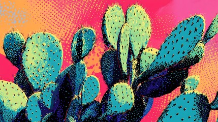 Poster - Colorful cactus plants on halftone background.