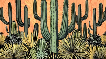 Poster - Cactus and succulent plants on an orange background.