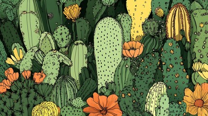 Poster - Colorful cacti and flowers hand-drawn illustration.