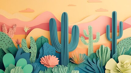 Poster - Paper cacti, succulents, desert landscape.