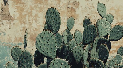 Poster - Prickly pear cactus against textured wall.