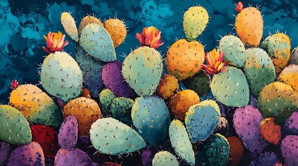 Poster - Colorful prickly pear cactus painting on blue.