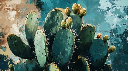 Poster - Prickly pear cactus with flower buds, artistic.