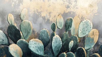 Poster - Green and gold cacti on a textured background.
