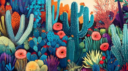 Poster - Vibrant cactus garden illustration.