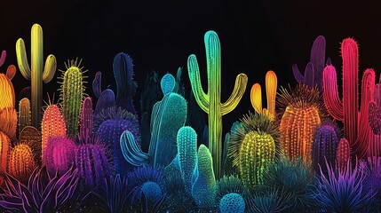 Poster - Rainbow cacti on black background.