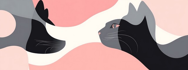 Canvas Print - Two cats face each other on a pink background.