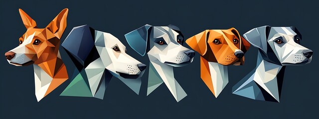 Poster - Five colorful geometric dog portraits.