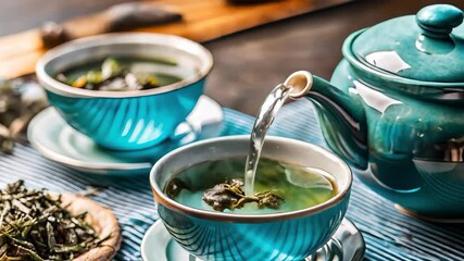 Wall Mural - freshly brewed green tea in blue cups on the table