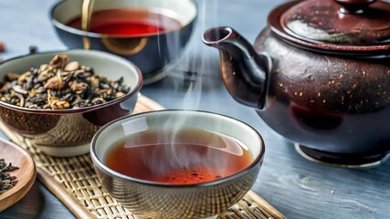 Wall Mural - hot fresh black tea is poured into a ceramic cup