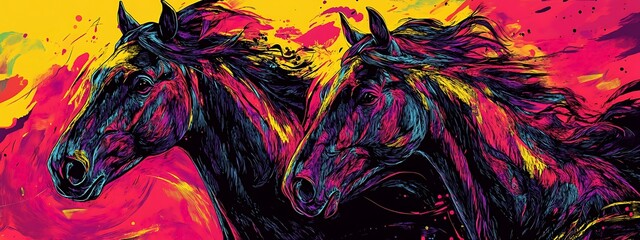 Poster - Two horses with vibrant, colorful manes.