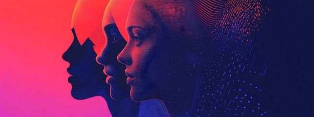 Aufkleber - Three female faces with digital overlay.
