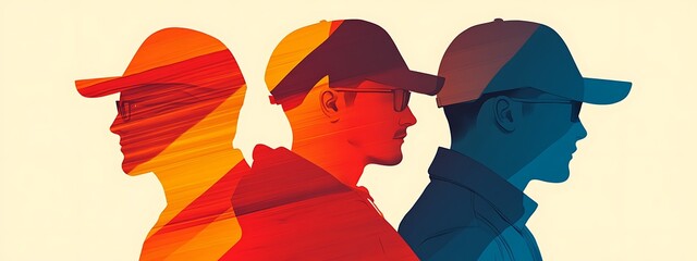 Poster - Three men wearing caps in profile view.