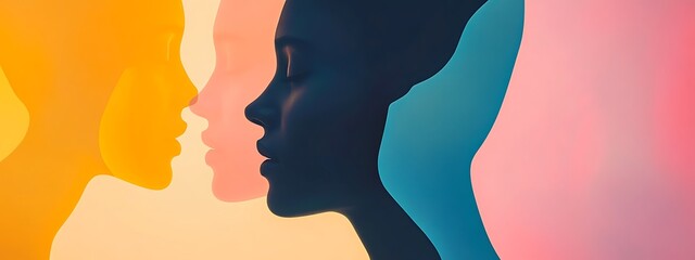 Poster - Colorful silhouette profiles facing each other.