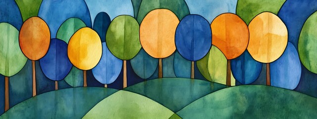 Poster - Colorful stylized trees on rolling hills.