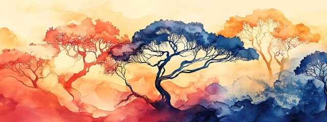 Poster - Colorful watercolor painting of trees.