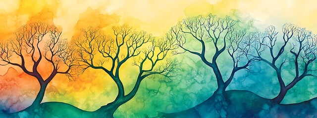 Poster - Colorful trees on a vibrant watercolor background.