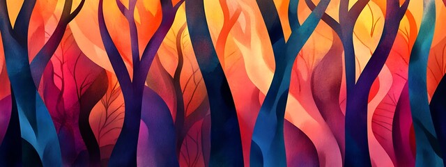 Poster - Vibrant, stylized forest at sunset.