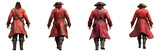 Set of pirate characters in red coats viewed from behind isolated on a transparent background