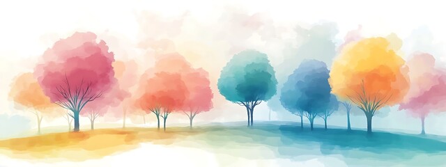 Poster - Colorful watercolor trees in a serene landscape.