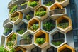© Abda - Modern home facade with a honeycomb pattern of balconies and green spaces for urban beekeeping.