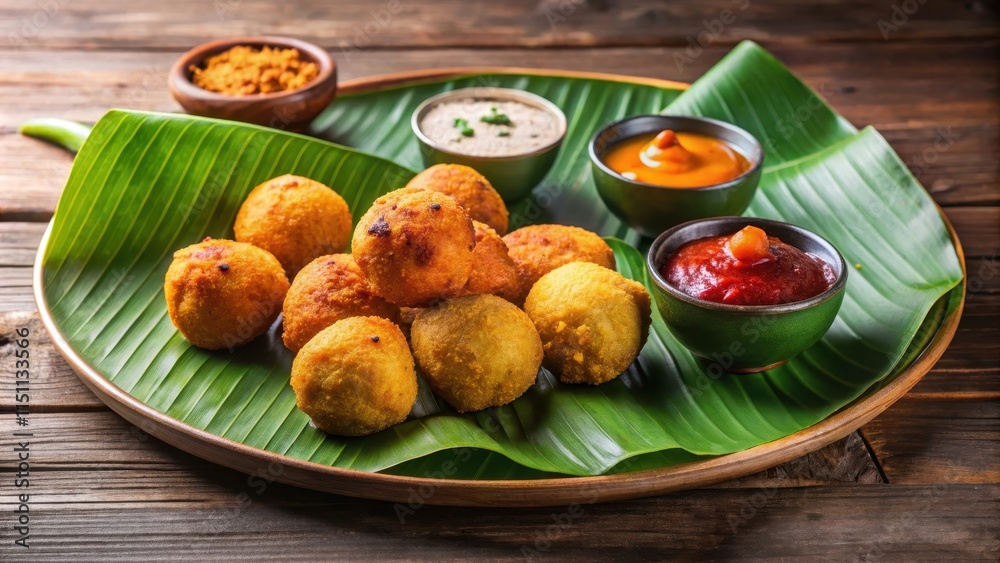Traditional South Indian snack Mysore bonda served in a banana leaf ...