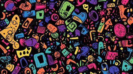 Poster - Colorful abstract doodle seamless pattern on black.