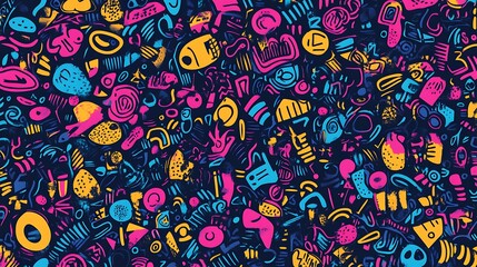 Poster - Colorful abstract doodle pattern on dark background.