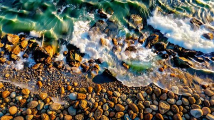 Wall Mural - salty sea waves roll onto the shore with sea pebbles