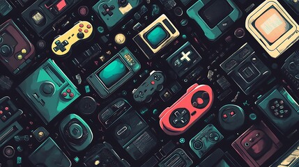 Poster - Retro gaming consoles and controllers pattern.
