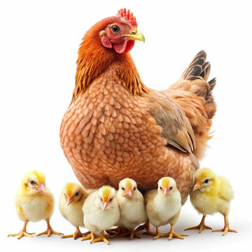 A mother hen with her chicks gathered around he