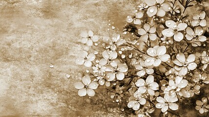 Aufkleber - Sepia flowers with water drops on grunge background.