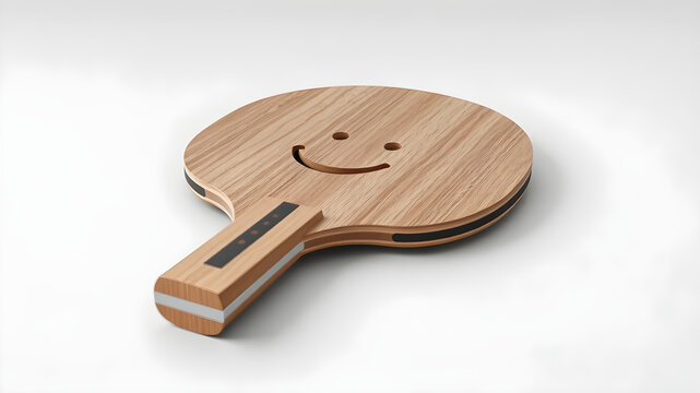 A table tennis paddle with a happy face carved into its wooden handle, the grain of the wood and textured rubber vividly clear, set against a clean white background, rendered in 8K