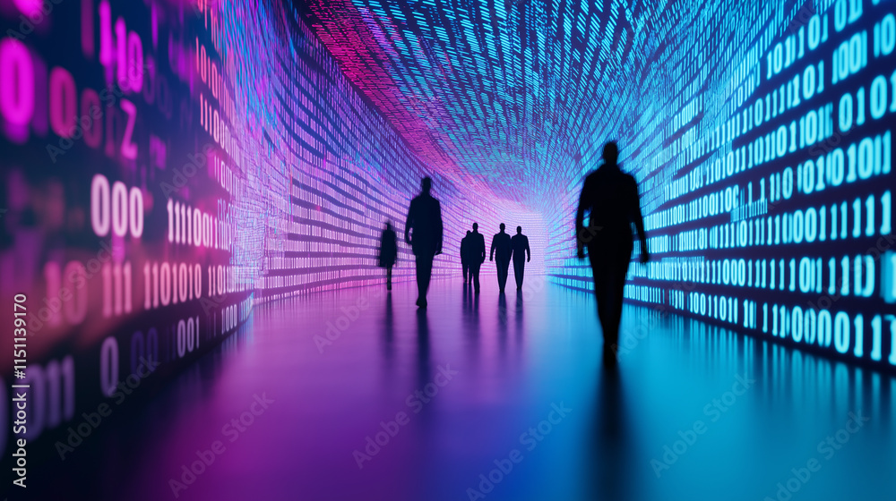 Silhouettes of people walking in a digital tunnel with binary code and ...