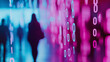© Curioso.Photography - Silhouettes of people walking in a digital tunnel with binary code and glowing pink and blue light, symbolizing technology and connectivity.
