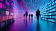 © Curioso.Photography - Silhouettes of people walking in a digital tunnel with binary code and glowing pink and blue light, symbolizing technology and connectivity.