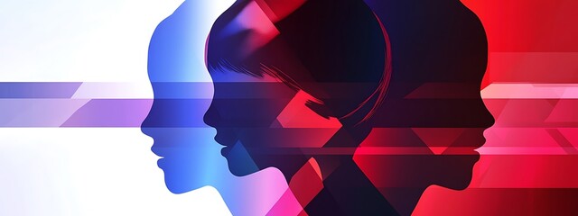 Poster - Three human head silhouettes, abstract background.