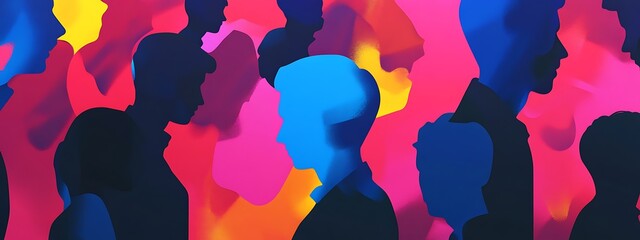 Poster - Colorful crowd silhouettes, diverse community.
