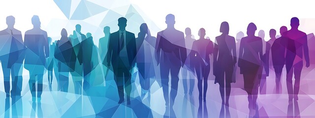 Poster - Diverse crowd walking forward, polygonal design.
